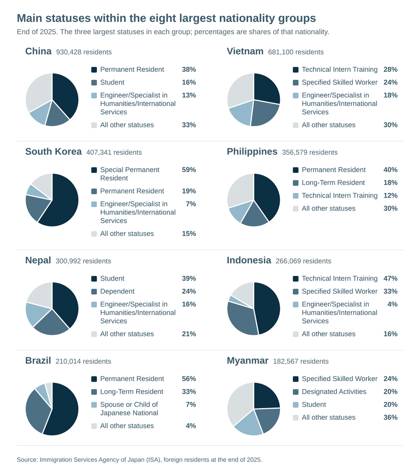 Small pie charts showing the three largest statuses of residence within each of the eight largest nationality groups.